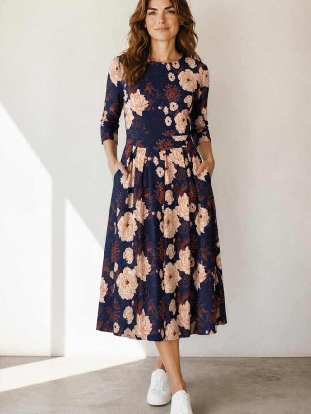 Navy Floral Midi Dress with Blush Roses